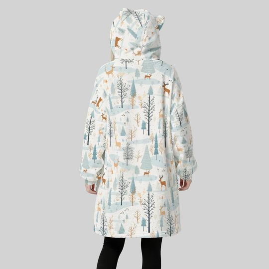 Winter Woodland Deer Pattern Women's Oversized Fleece Hoodie Blanket With Cat Ears, Winter Forest Deer Wearable Blanket