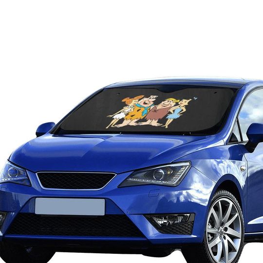 Flinstones Inspired Car Sun Shade Prehistoric Cartoon Windshield Cover Foldable UV Protector Auto Decor