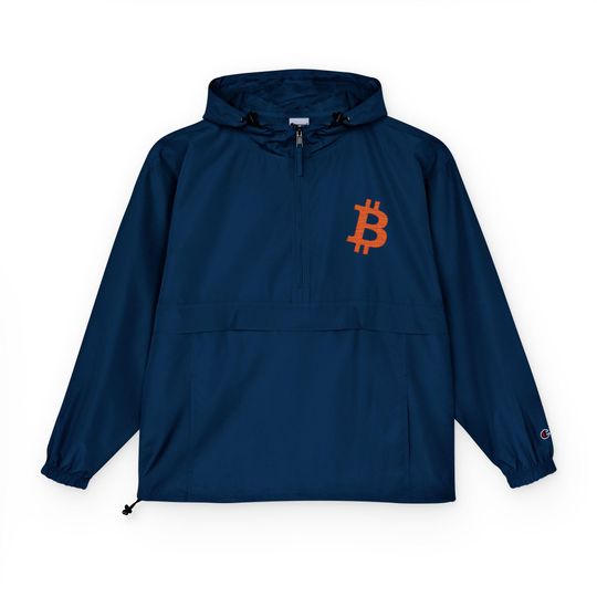 Bitcoin Champion Packable Anorak Jacket, Lightweight Rain Jacket, Bitcoin Themed Windbreaker, BTC Cryptocurrency Jacket, Bitcoin Merch