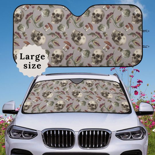 Witchy Skull Car Seat Cover For Vehicle Mushroom Steering Wheel Cover Potion Bottle Car Decor Venus Fly Trap Gray Dark Academia Car Sunshade