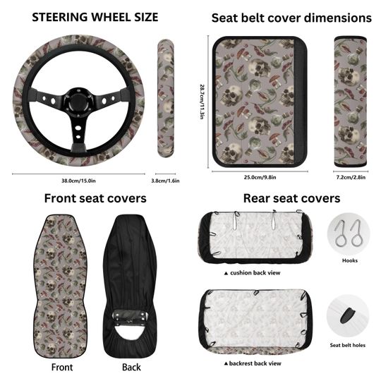 Witchy Skull Car Seat Cover For Vehicle Mushroom Steering Wheel Cover Potion Bottle Car Decor Venus Fly Trap Gray Dark Academia Car Sunshade