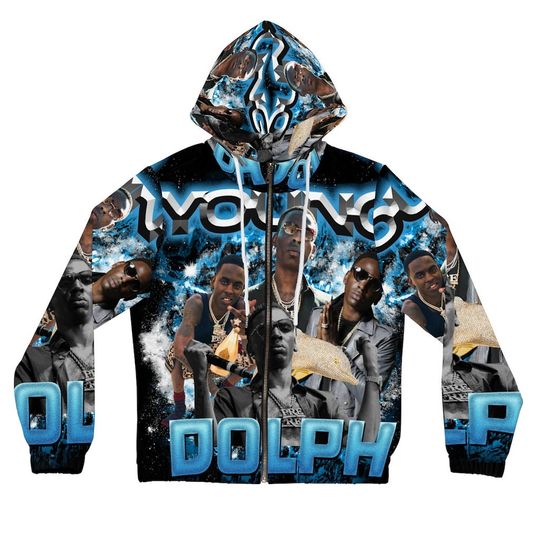 Womens Black and Blue Young Dolph Rapper Full-Zip Hoodie