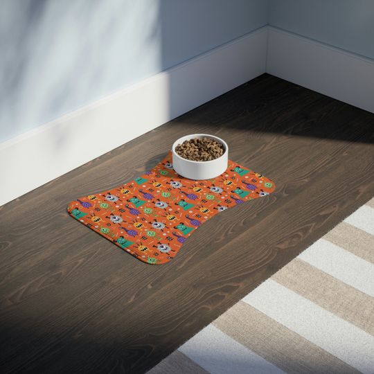 Monsters on Orange Print Pet Bowls Mats