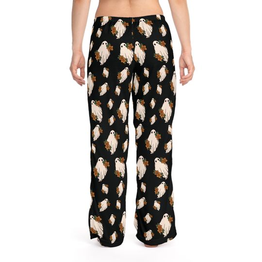 Black Boho Halloween Women's Pajama Pants, Cute Ghost PJ Pants for Halloween