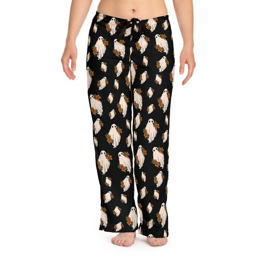 Black Boho Halloween Women's Pajama Pants, Cute Ghost PJ Pants for Halloween