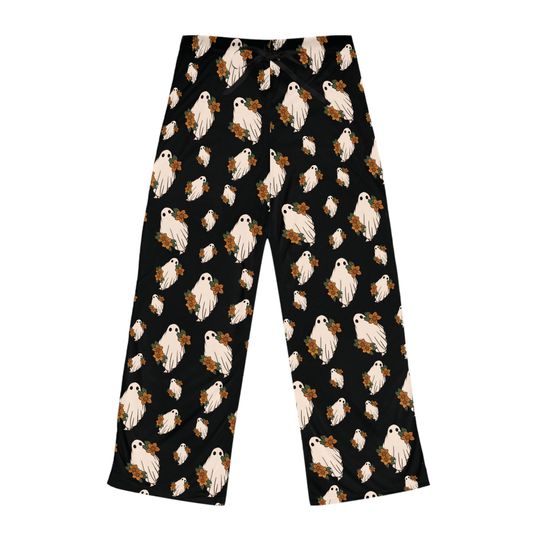 Black Boho Halloween Women's Pajama Pants, Cute Ghost PJ Pants for Halloween