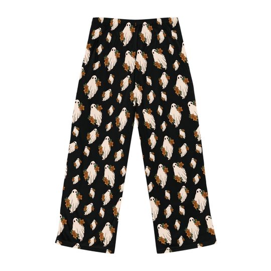 Black Boho Halloween Women's Pajama Pants, Cute Ghost PJ Pants for Halloween