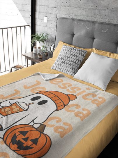 Personalized Halloween Ghost Blanket with Name, Fall Orange Ghost  , Cute Jack-O'-Lantern Blanket, Custom Teen Girl Cozy Gift