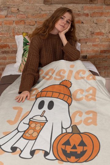 Personalized Halloween Ghost Blanket with Name, Fall Orange Ghost  , Cute Jack-O'-Lantern Blanket, Custom Teen Girl Cozy Gift