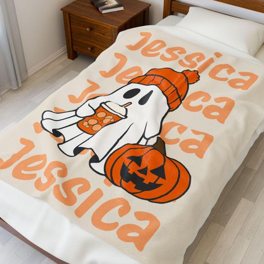 Personalized Halloween Ghost Blanket with Name, Fall Orange Ghost  , Cute Jack-O'-Lantern Blanket, Custom Teen Girl Cozy Gift