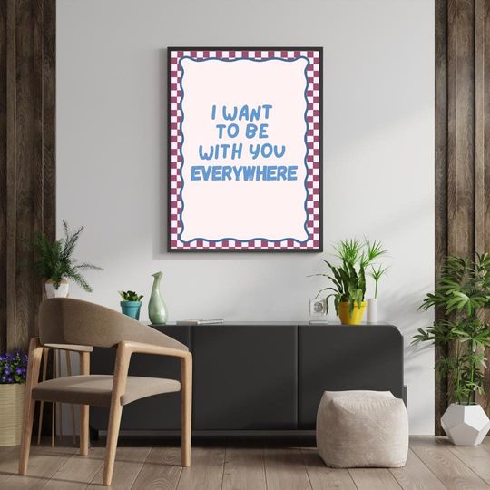Retro Fleetwood Mac Lyric Poster, Pink Checkered I Want To Be With You Everywhere Vertical Poster