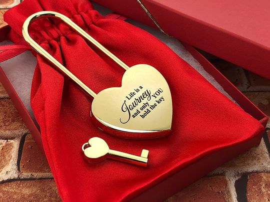 Custom Engraved Gold Heart Love Lock, Padlock Gift for Couples