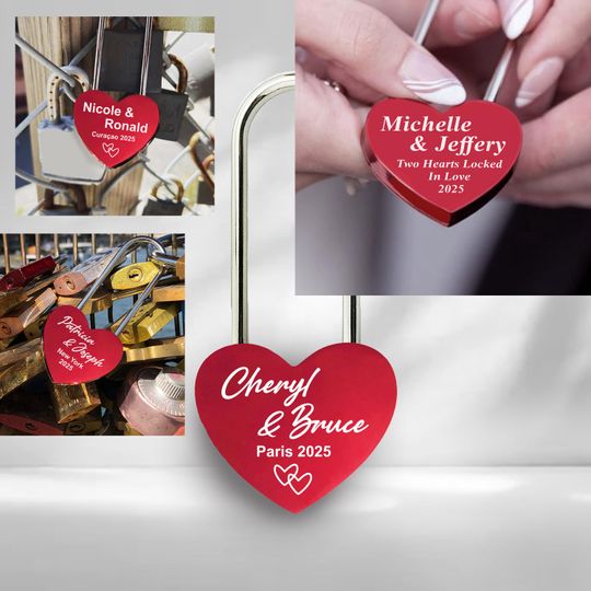 Personalized Red Heart Love Lock  Engraved Padlock with Names and Wedding Date