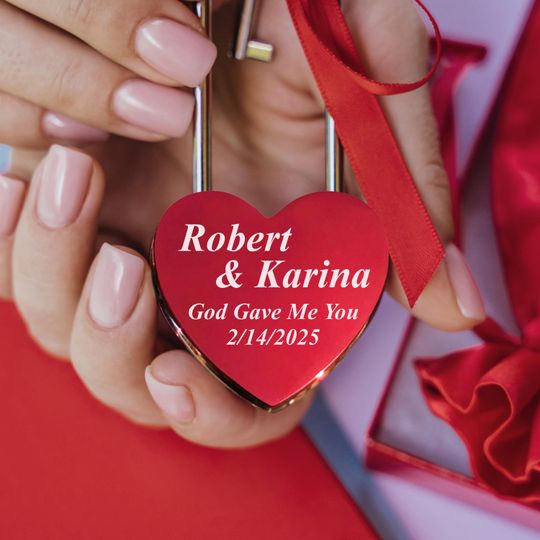 Personalized Red Heart Love Lock  Engraved Padlock with Names and Wedding Date