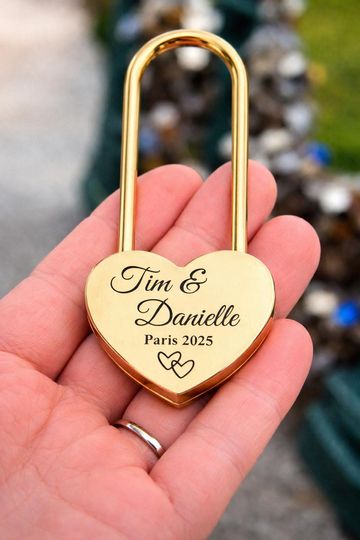 Custom Engraved Gold Heart Love Lock, Padlock Gift for Couples