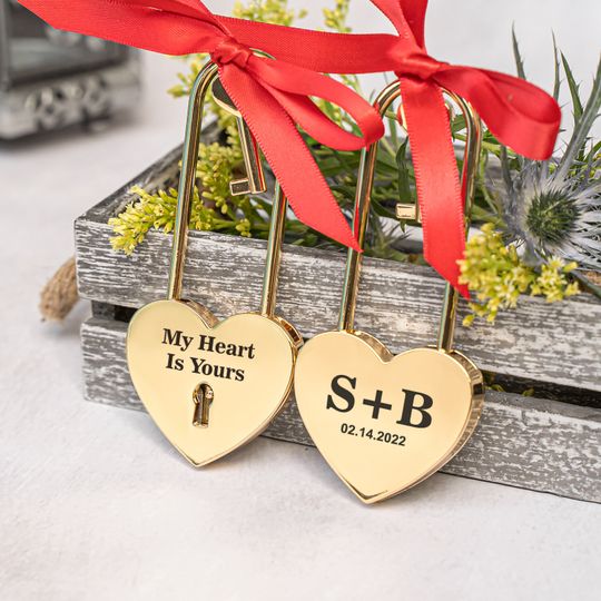 Custom Engraved Gold Heart Love Lock, Padlock Gift for Couples