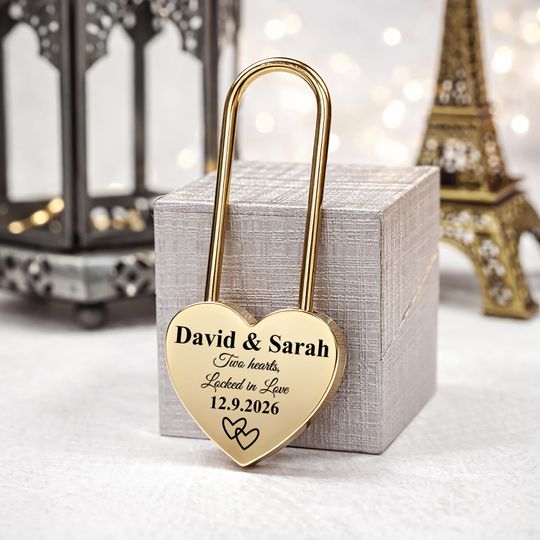 Custom Engraved Gold Heart Love Lock, Padlock Gift for Couples