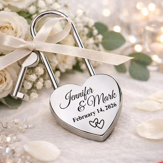 Silver Love Lock Engagement Gift, Personalized Engraved Heart Padlock
