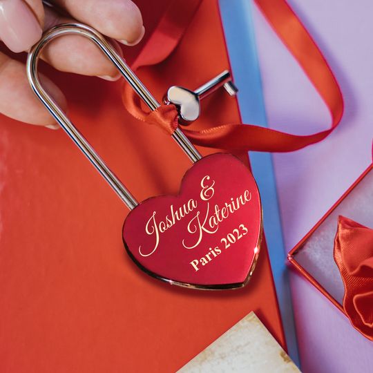 Valentine Love Lock with Names, Engraved Heart Red Padlock