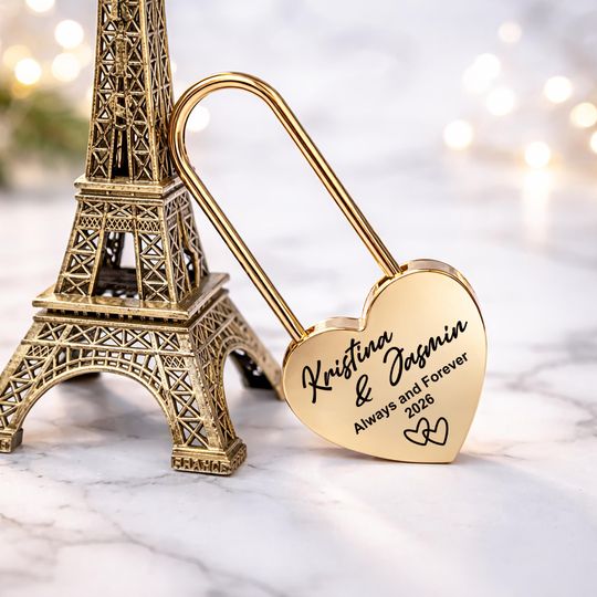 Custom Engraved Gold Heart Love Lock, Padlock Gift for Couples