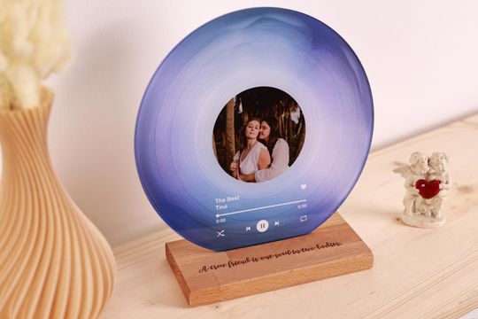 Personalized Vinyl Record Plaque Wooden Stand - Custom Photo Message Engraving Favorite Song - Music Friendship Gift Best Friend Bestie BFF
