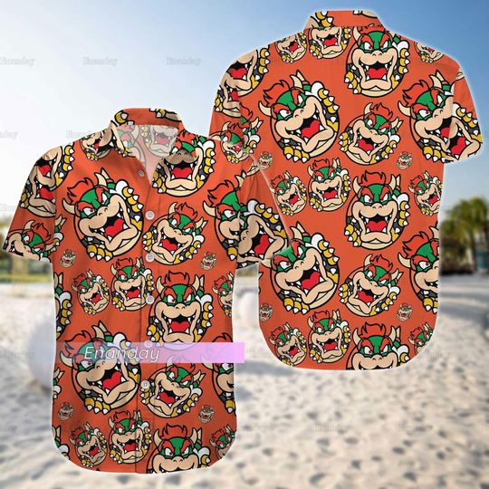 Super Mario Bowser Button Shirt, Mario Bowser Hawaiian Shirt, Bowser Beach Shorts