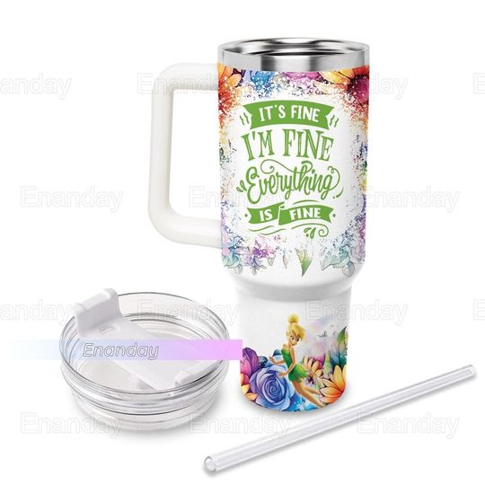 Tinker Bell Tumbler 40oz, Custom Tinker Bell Tumbler, It's Fine I'm Fine Tumbler, Tinker Bell Flower Pattern Tumbler, Gift For Her