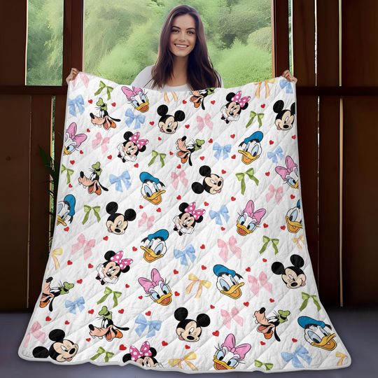 Mickey Friends Fleece Blanket, Minnie Bow Quilt, Disney World Modern Quilt