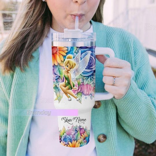 Tinker Bell Tumbler 40oz, Custom Tinker Bell Tumbler, It's Fine I'm Fine Tumbler, Tinker Bell Flower Pattern Tumbler, Gift For Her