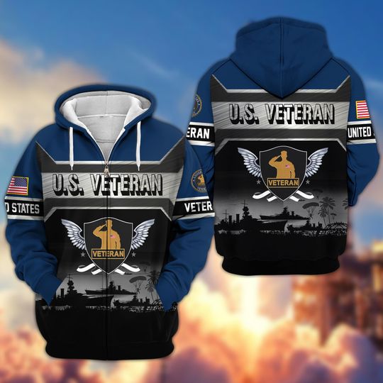 Veteran Zip Up Hoodie Military Jacket Patriotic Sweatshirt Veterans Day Gift