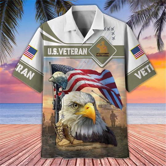 US Veteran Bald Eagle Shirt, Veteran Hawaiian Beach Shirt, Veteran Gift, Tropical Hawaiian Shirt, Veteran Hawaii Shirt, Gift For Patriot