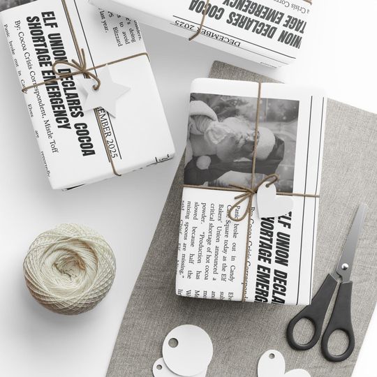 North Pole Times Christmas Gift Wrap - Santa, Reindeer, Elves Black and White Holiday Wrapping Paper