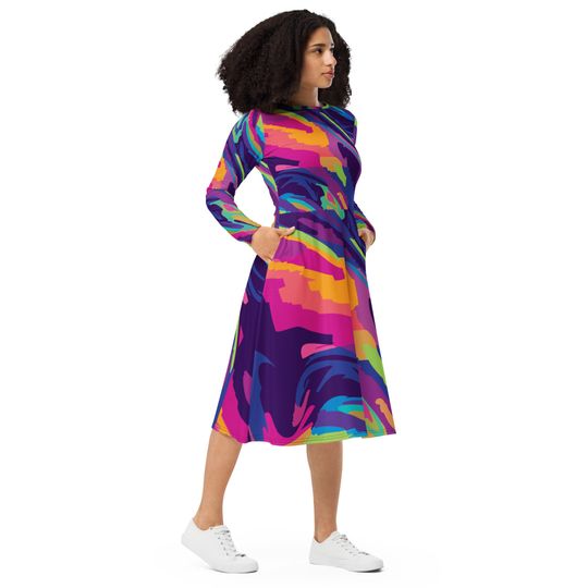 All-Over Print Long Sleeve Midi Dress for Women