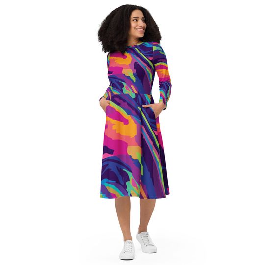 All-Over Print Long Sleeve Midi Dress for Women