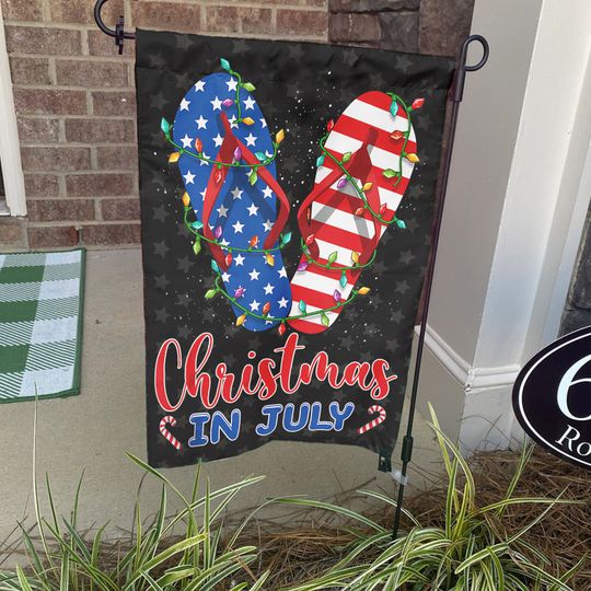 American Flag, Flip Flops Xmas Lights Garden Flags, Christmas In July Garden Flag