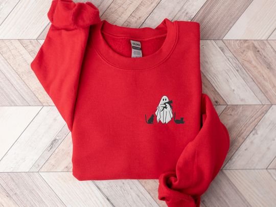 Embroidered Ghost Sweatshirt, Halloween Sweatshirt, Black Cat