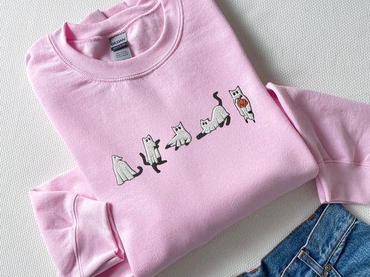 Embroidered Cat Halloween Sweatshirt, Ghost Cat Shirt, Halloween Sweater