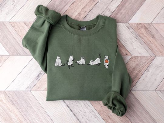 Embroidered Cat Halloween Sweatshirt, Ghost Cat Shirt, Halloween Sweater