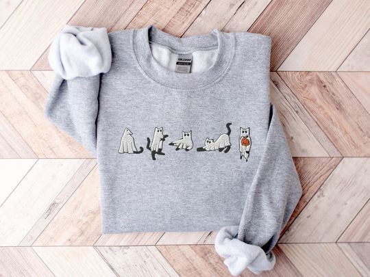 Embroidered Cat Halloween Sweatshirt, Ghost Cat Shirt, Halloween Sweater