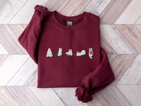 Embroidered Cat Halloween Sweatshirt, Ghost Cat Shirt, Halloween Sweater