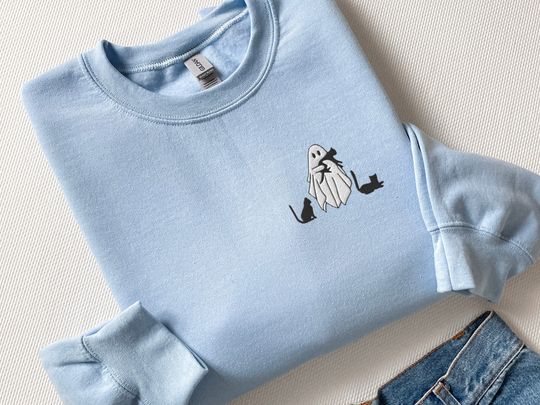 Embroidered Ghost Sweatshirt, Halloween Sweatshirt, Black Cat