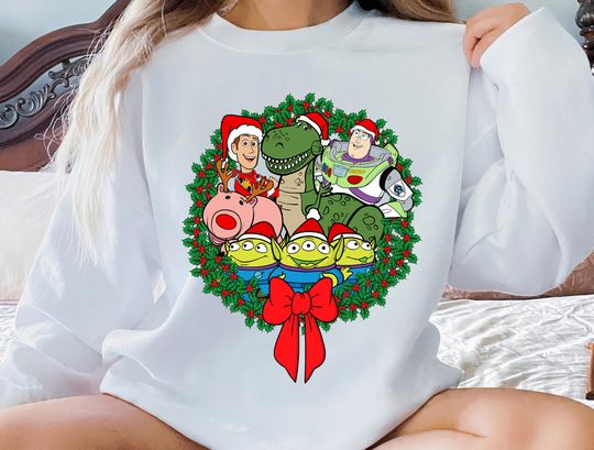 Disney Toy Story Group Shot Christmas Wreath Sweatshirt, Woody, Buzz Lightyear, Aliens Sweatshirt