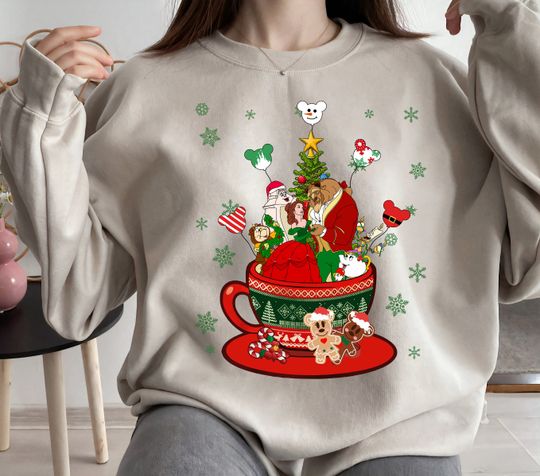 Disney Beauty and The Beast Group Characters Tea Cup Balloon, Christmas Coffee Cup Sweatshirt