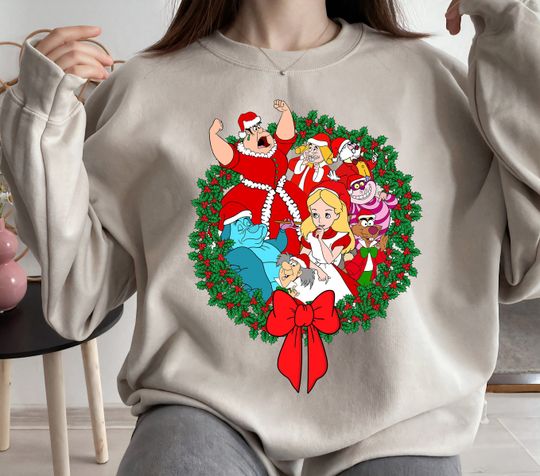 Disney Alice In Wonderland Group Shot Christmas Wreath Sweatshirt, Alice, Cheshire Cat Sweatshirt