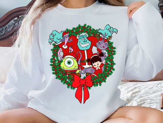 Disney Monsters Inc Group Shot Christmas Wreath Sweatshirt, Mike, Sulley Sweatshirt