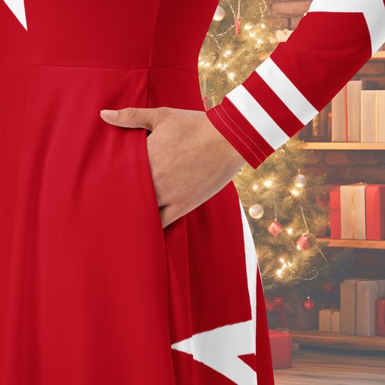 Christmas Midi Dress for Women / Asymmetric Stars / Red / With Pockets / Christmas / Santa Claus