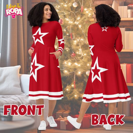 Christmas Midi Dress for Women / Asymmetric Stars / Red / With Pockets / Christmas / Santa Claus