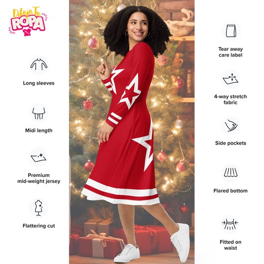 Christmas Midi Dress for Women / Asymmetric Stars / Red / With Pockets / Christmas / Santa Claus