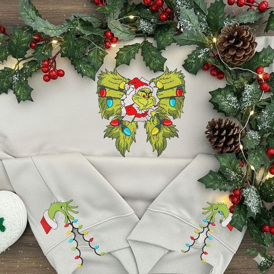 funny character Side Bow Cut-Out Embroidered Sweatshirt, Grin Christmas Shirt, Christmas Bow Embellished Sweater Xmas Gift