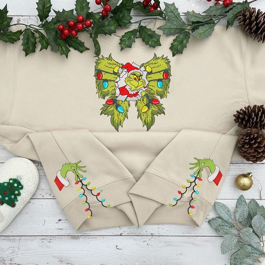 funny character Side Bow Cut-Out Embroidered Sweatshirt, Grin Christmas Shirt, Christmas Bow Embellished Sweater Xmas Gift